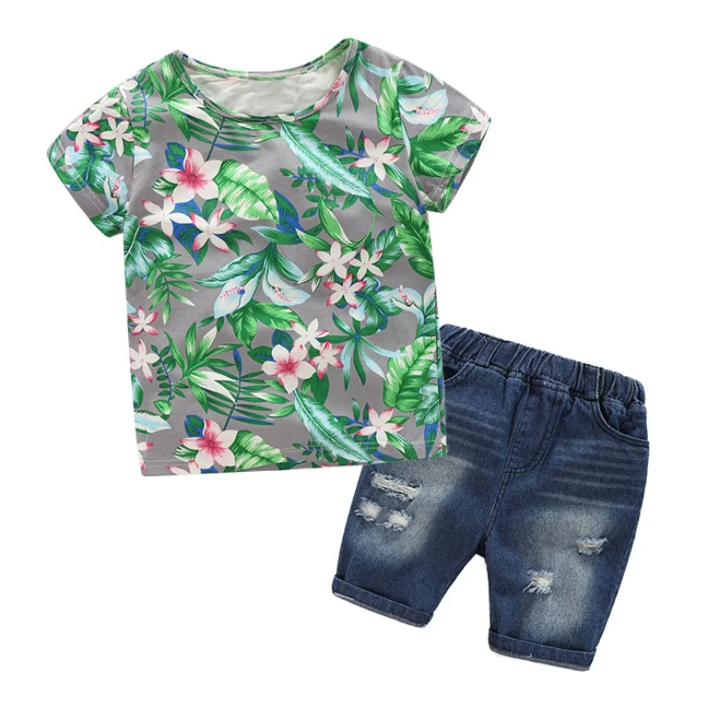 

Summer Baby Boy Clothes Floral T-Shirt+Pants Boy Handsome Flower Short Sleeve T-shirt Ripped Jeans Suits Boys Clothing Sets Y13