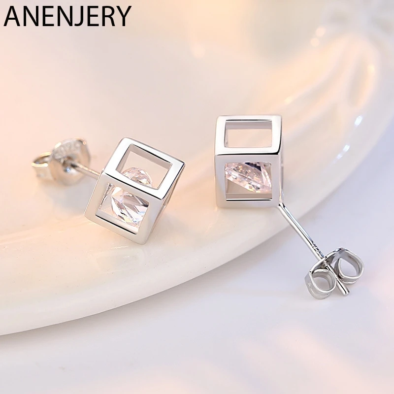 

ANENJERY Simple 925 Sterling Silver Zircon Squre Cube Earrings For Women Girl Gift S-E905
