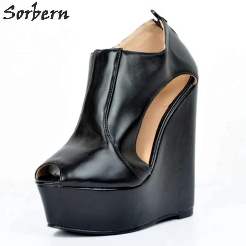 Sorbern Platform Wedges Pumps For Women Black PU Peep Toe Plus Size High Heels Shoes Woman Pumps Zipper Big Size Women Shoes Sorbern Platform Wedges Pumps For Women Black PU Peep Toe Plus Size High Heels Shoes Woman Pumps Zipper Big Size Women Shoes