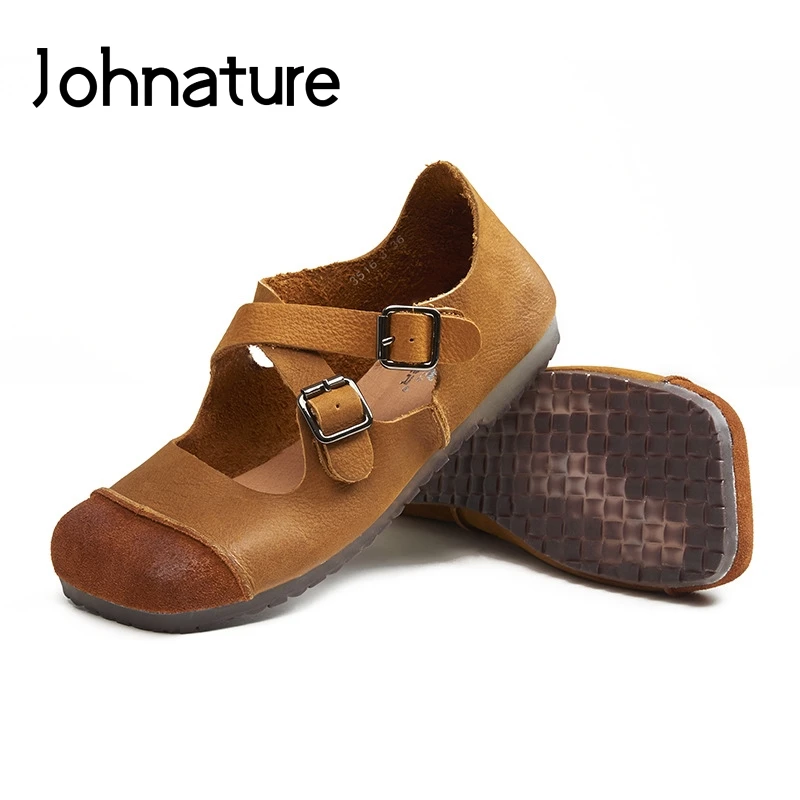 

Johnature New 2019 Spring/Autumn Genuine Leather Square Toe Buckle Strap Casual Mixed Colors Retro Shallow Flats Women Shoes