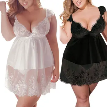 

Women Plus Size Layered Straps Solid Color Lingerie Dress Sheer Eyelash Floral Lace Patchwork Deep V-Neck Nightgown Sleepwear