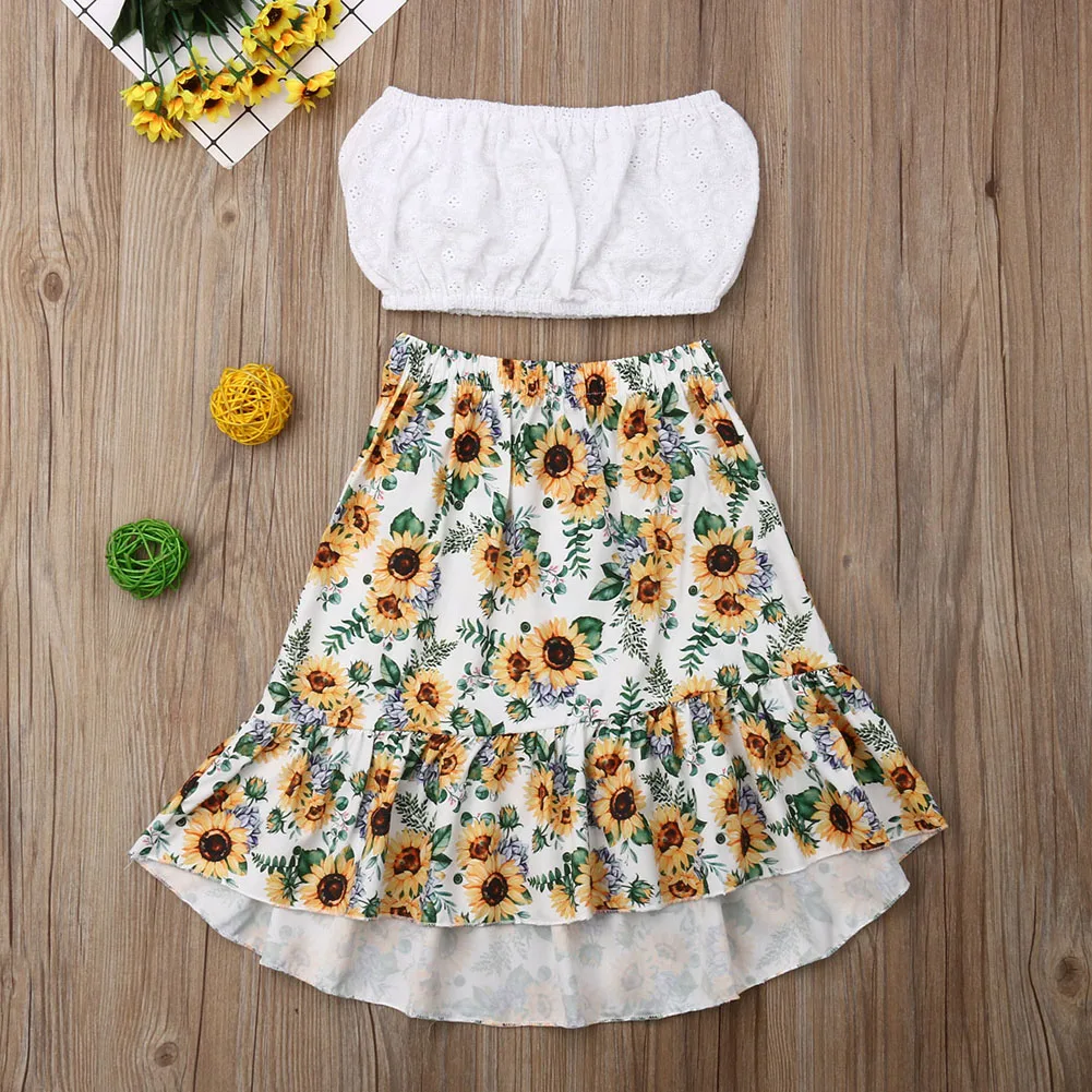 2 предмета, костюм Подсолнух для маленьких девочек, однотонный укороченный топ+ длинная юбка с цветочным рисунком комплект летней одежды для девочек
