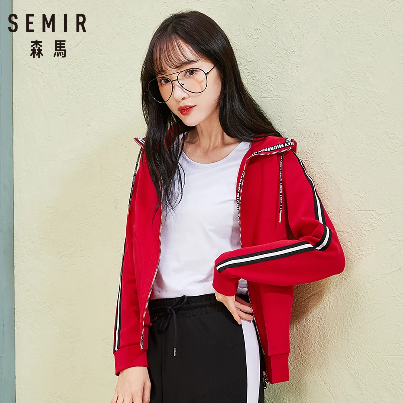 

SEMIR Jacket Women 2018 Autumn Simple Hooded Trend Letter Ribbon Student Jackets Drawstring Hooded Zipper Female Coats