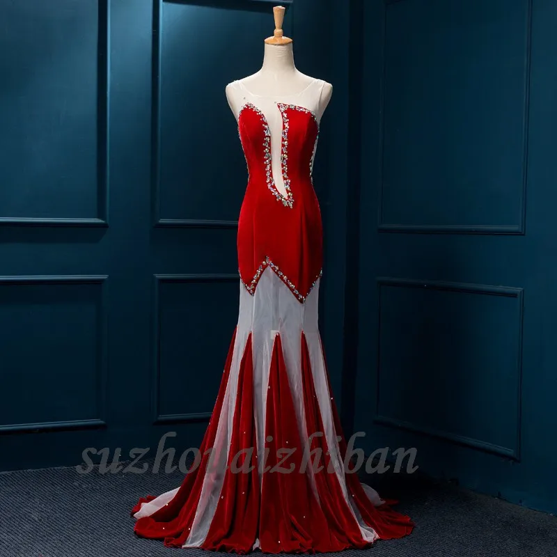 Sheer Neck Evening Dresses Tulle Velvet Crystal Beads Floor Length Vestido De Festa Backless Prom Dress Mermaid | Свадьбы и