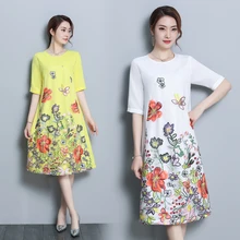 

2018 New arrival women's floral silk dress short sleeve summer embroidery vintage female A-line clothing for women brick dress