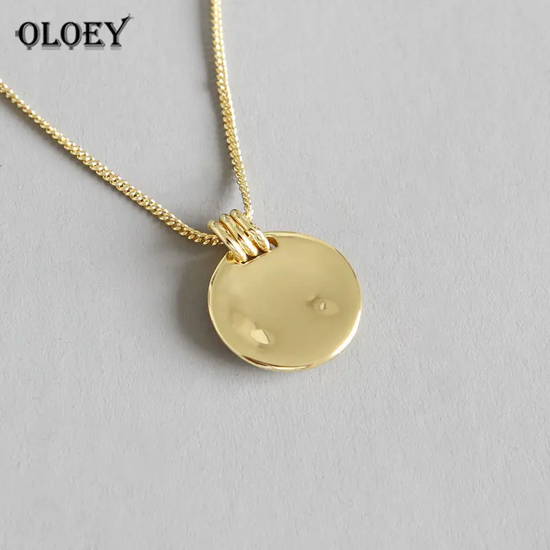 

OLOEY Genuine 925 Sterling Silver Concave-Convex Irregular Coin Geometric Pendant Necklace Gold Plated Fine Jewelry Gifts YMN100