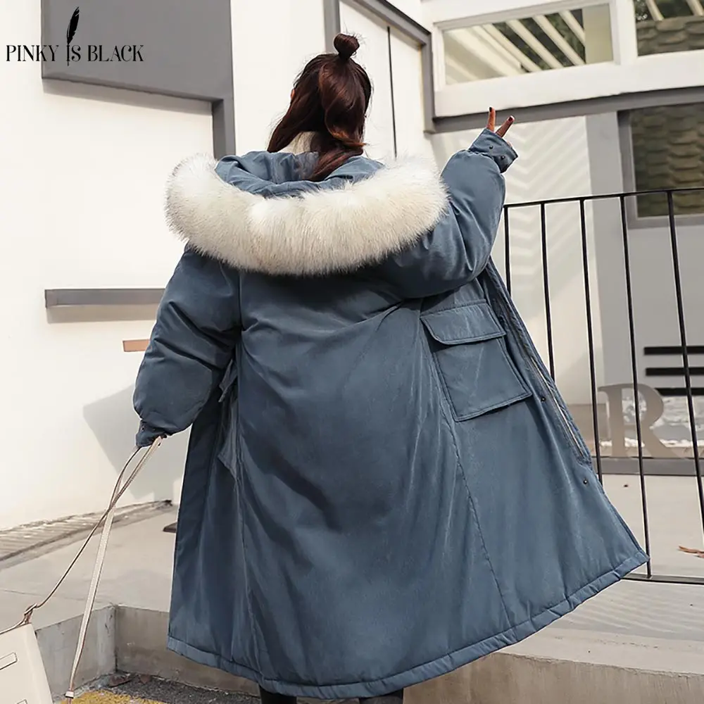PinkyIsblack зимняя куртка Женская Толстая теплая меховая парка с капюшоном Mujer пуховое хлопковое Стеганое пальто Длинная свободная Женская куртка