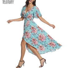 TELOTUNY Ladies Dress Women Summer V Neck Short Sleeve Floral Print Beach Party Wedding Long Dress Women Dress Fashion Hot Jan22