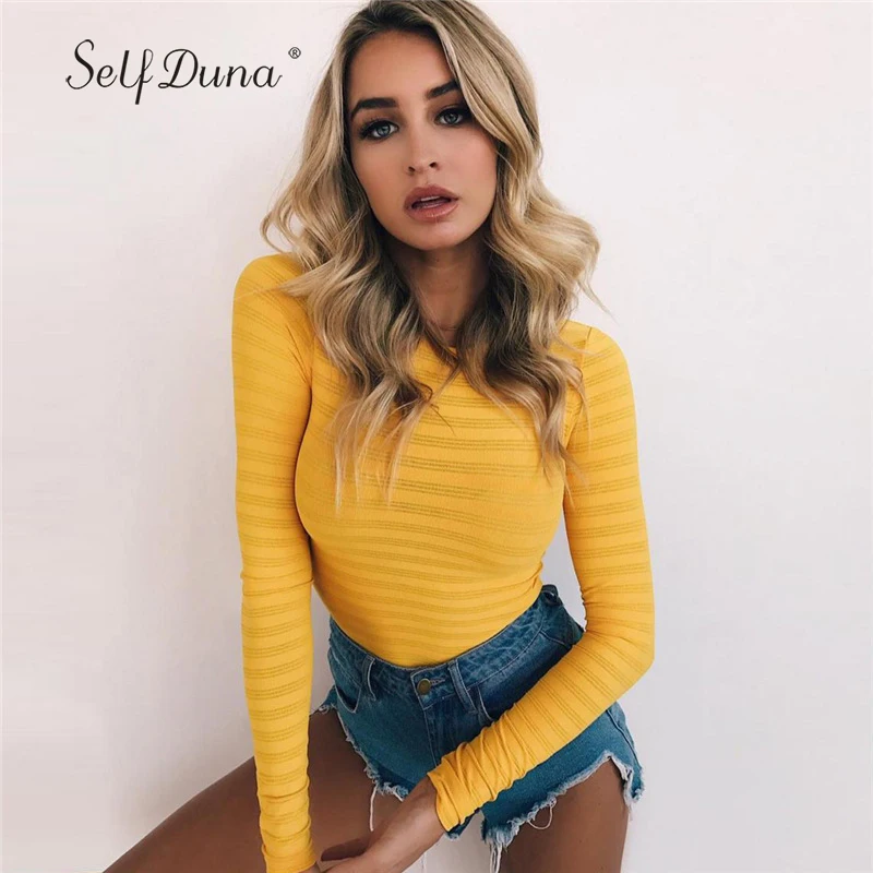 Изделие Duna осень 2019 г. для женщин Облегающий комбинезон с длинными рукавами боди желтый полосатый короткий комбинезон выдалбливают