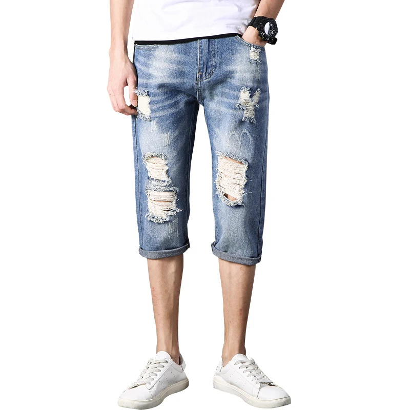 2018 модные летние отверстие ковбой мужской подростков джинсы Для мужчин Slim Fit джинсовые Капри байкерские джинсы