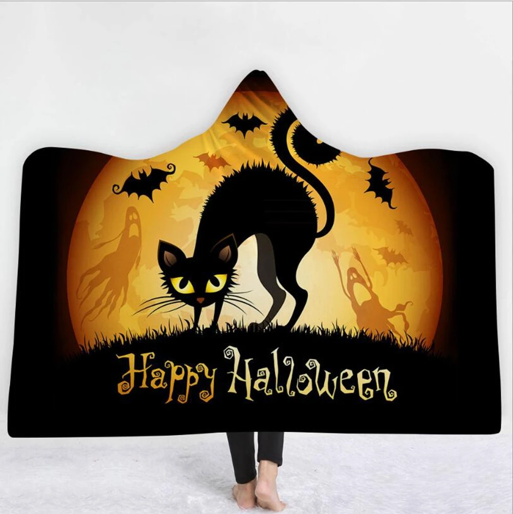 

Happy Halloween Hooded Towel Flannel Bath Towels With Hood Adult Wearable Beach Wrap Blanket 1pc