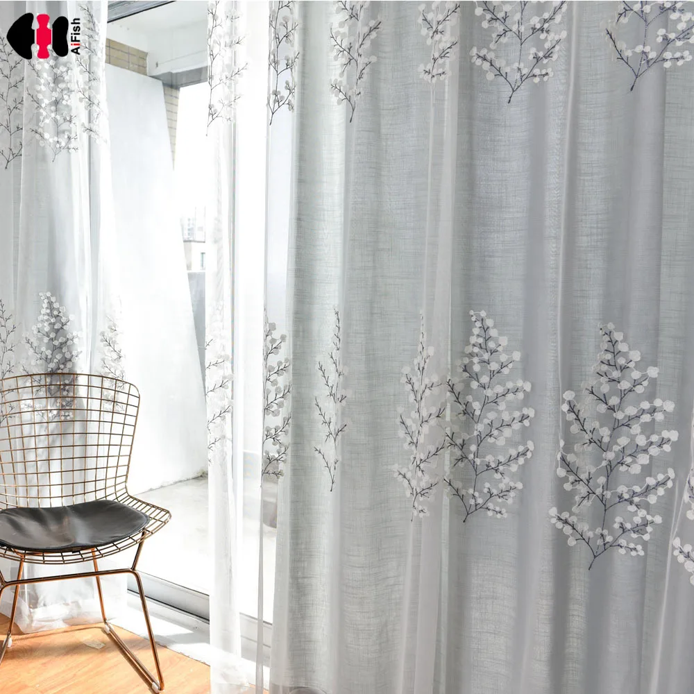 

Pastoral Tree Mesh Embroidered Curtain Nets Cotton Line Wedding Bedroom Shopping Mall Salon French Window Drapes Gauze WP067C