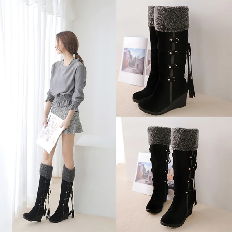 

Women Winter Warm Wedges Mid-Calf Snow Boots Female Cross Tied Chunky Heel Ladies Sweet Casual Lace-up Slim Shoes Plus Size