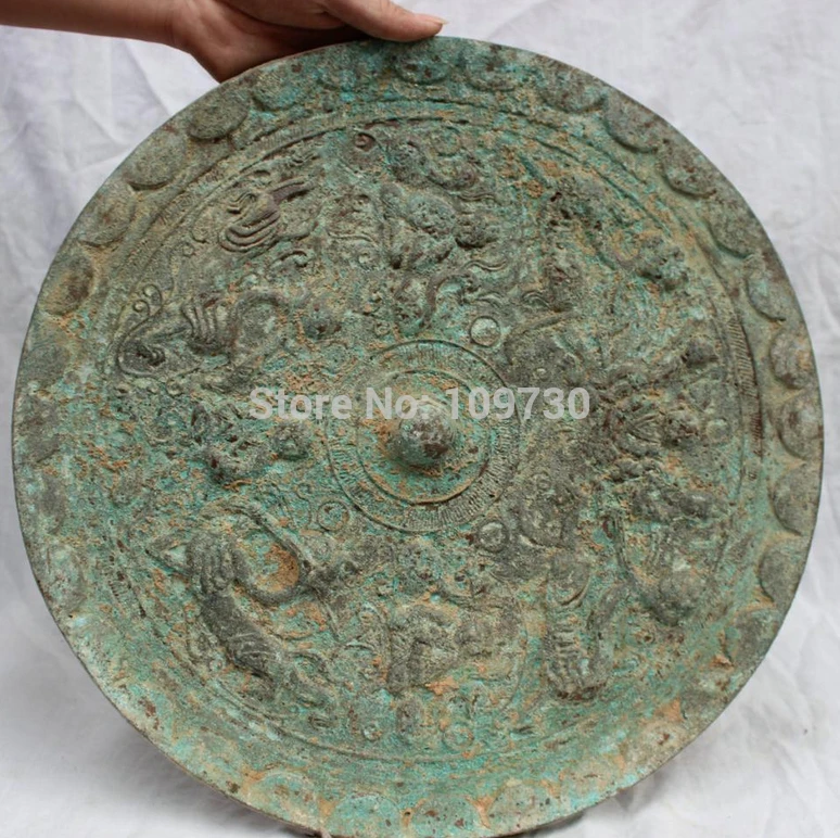 

bir 003204 15" Folk Chinese Old Culture Dynasty Palace Bronze Dragon Buddha Statue Mirror
