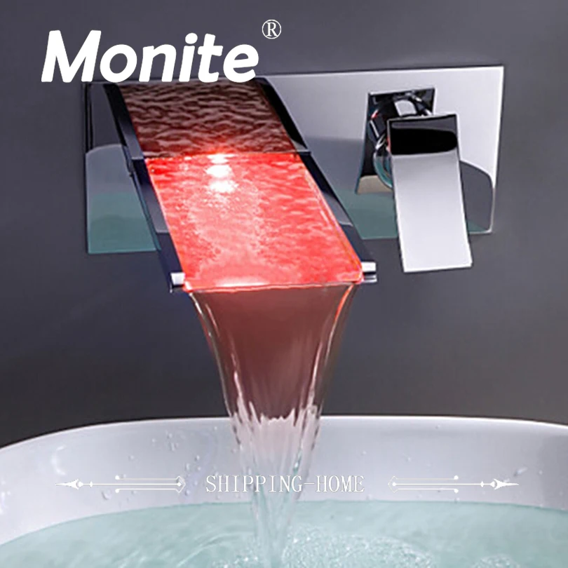 Bathroom Faucet LED Color Changing Bathroom Basin Sink Faucet Wall Mount Chrome Brass Mixer Tap Waterfall Faucet