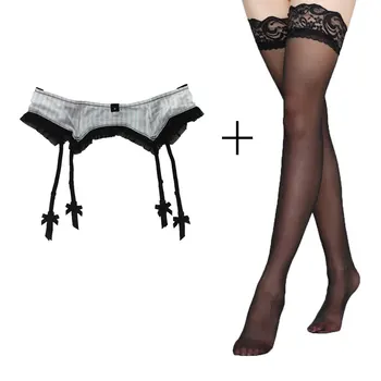 

Sexy Garter Stripe Gauze Metal Buckles/Clips Garter Belts with Black stocking set for Women/female/lady, Clothing accessories