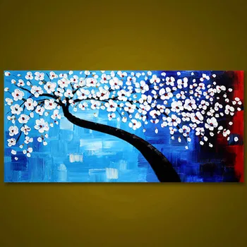 

Unframed Blue White Flower Tree Handpainted Oil Painting Modern Wall Art Palette Knife Oil Painting For Living Room Decoration