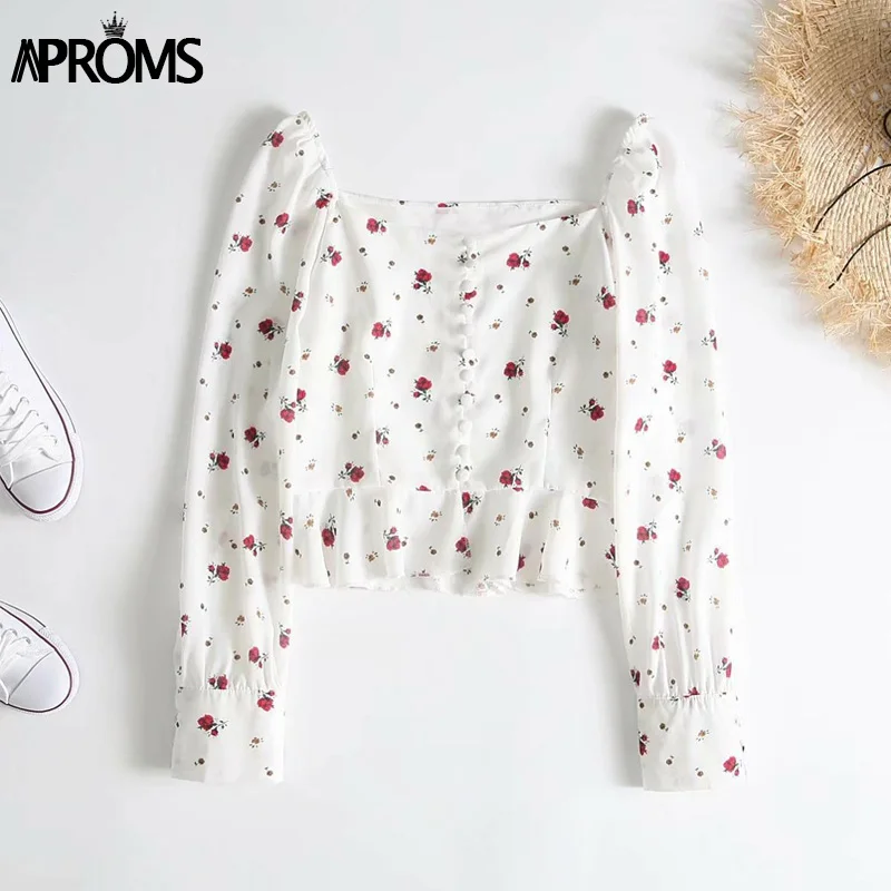 Aproms Vintage Square Neck Floral Print White Blouse Shirt Women Elegant Ruffles Long Sleeve Peplum Top 2019 Chiffon Tops Blusas