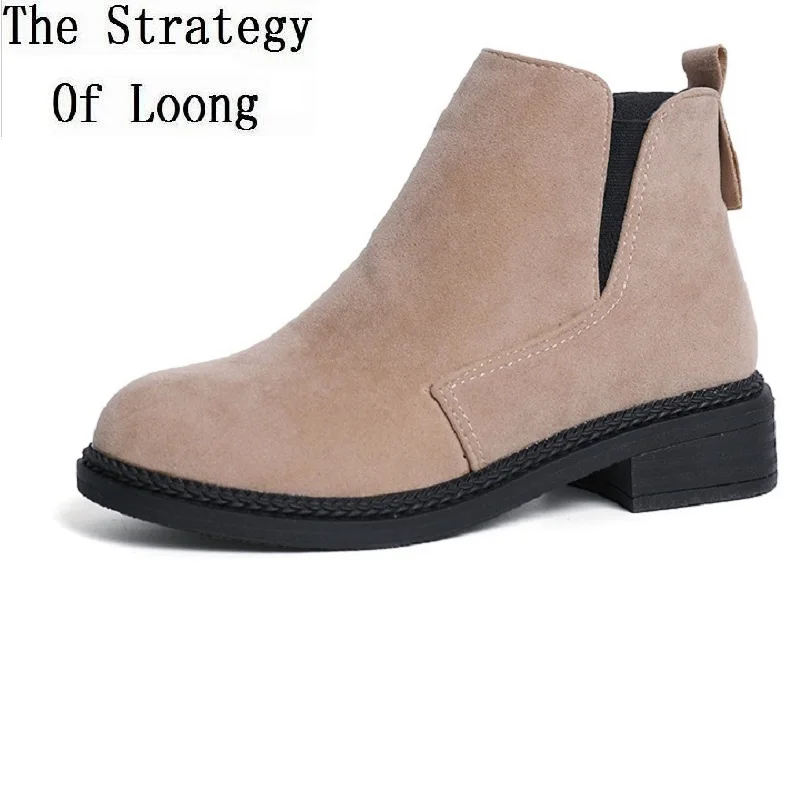 Women New British Style Spring Autumn Flock Vamp Ankle Slip On Round Toe Low Hoof Heels Rubber