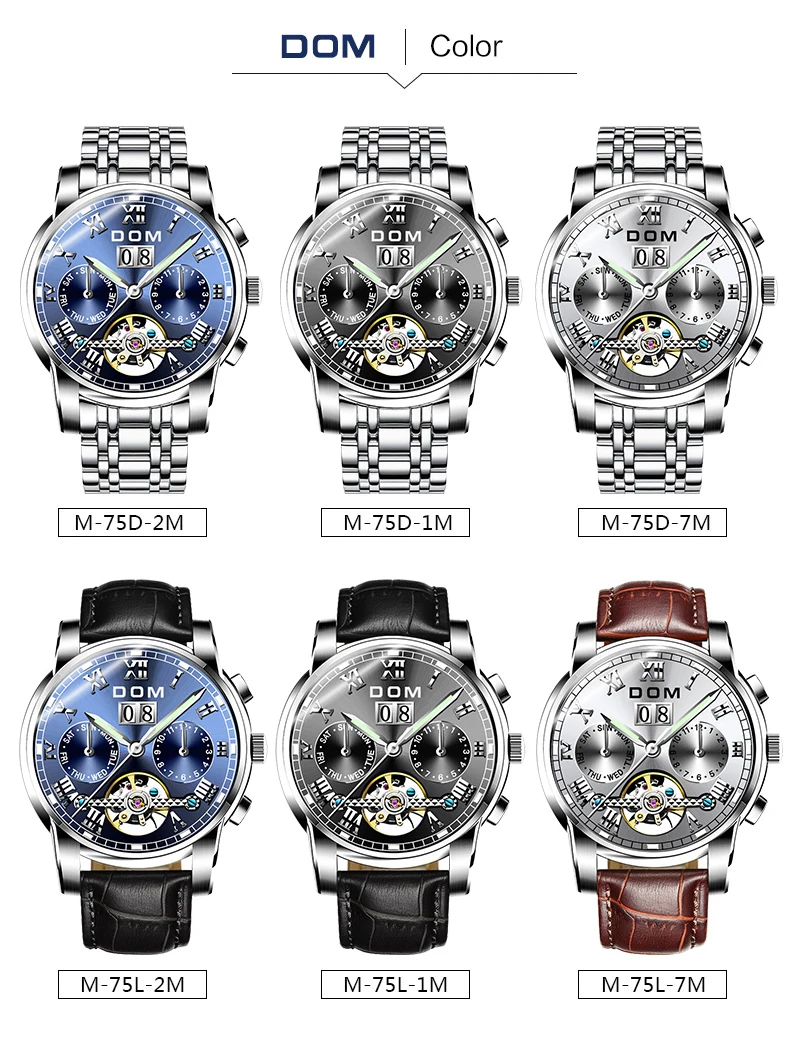 Механические часы спортивные DOM часы мужские водонепроницаемые часы мужские s брендовые Роскошные модные наручные часы Relogio Masculino M-75D-7M
