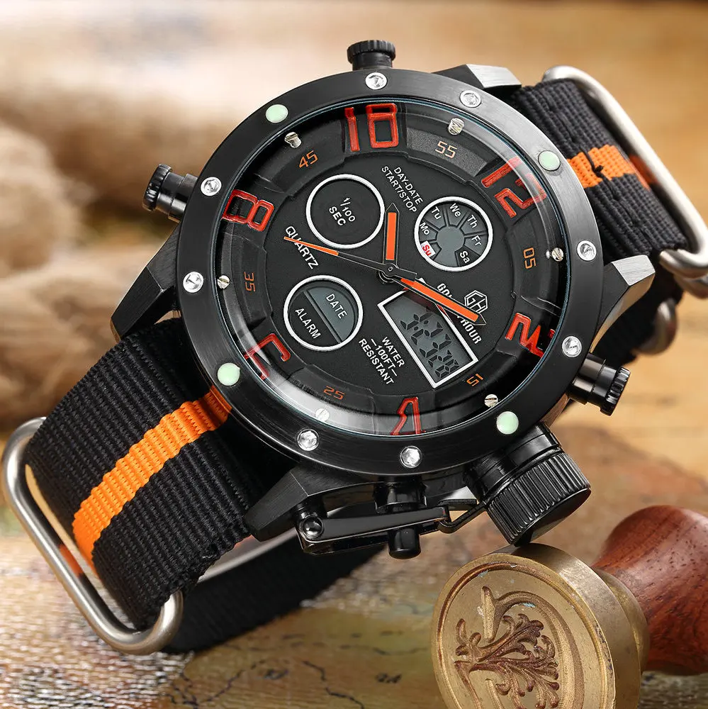 

GOLDENHOUR Fashion Chronograph Dual Time Watch Men Canvas Strap Date Week Alarm Display Casual Military Wrist Watched for Man