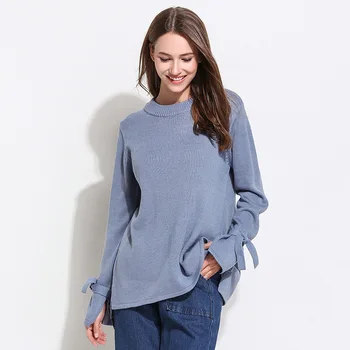 

Fall Winter Mock Neck High Low Sweater for Women Cute Ladies Asymmetrical Bow Lace Up Sleeve Pullover Jumper Plus Size S-3XL