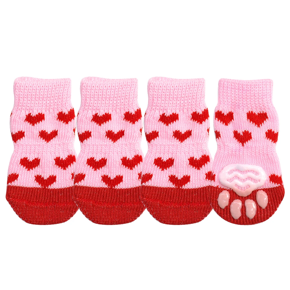 Милая обувь для щенков Нескользящие вязаные носки обувь для маленьких собак и кошек ботинки для чихуахуа, зимняя Домашняя одежда без шнуровки, защита лап, 4 шт - Цвет: Розовый