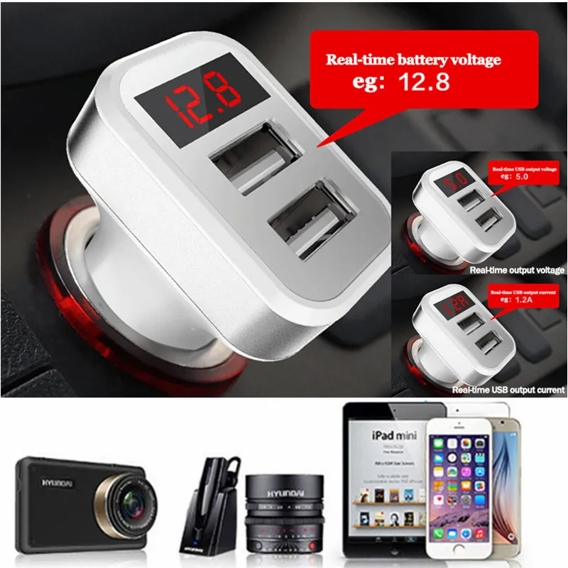

High Voltage 5V 2.1A Car Battery Charger Portable 2USB Car Charger For Cellphone Tablet Best Quality Display Warning Charger