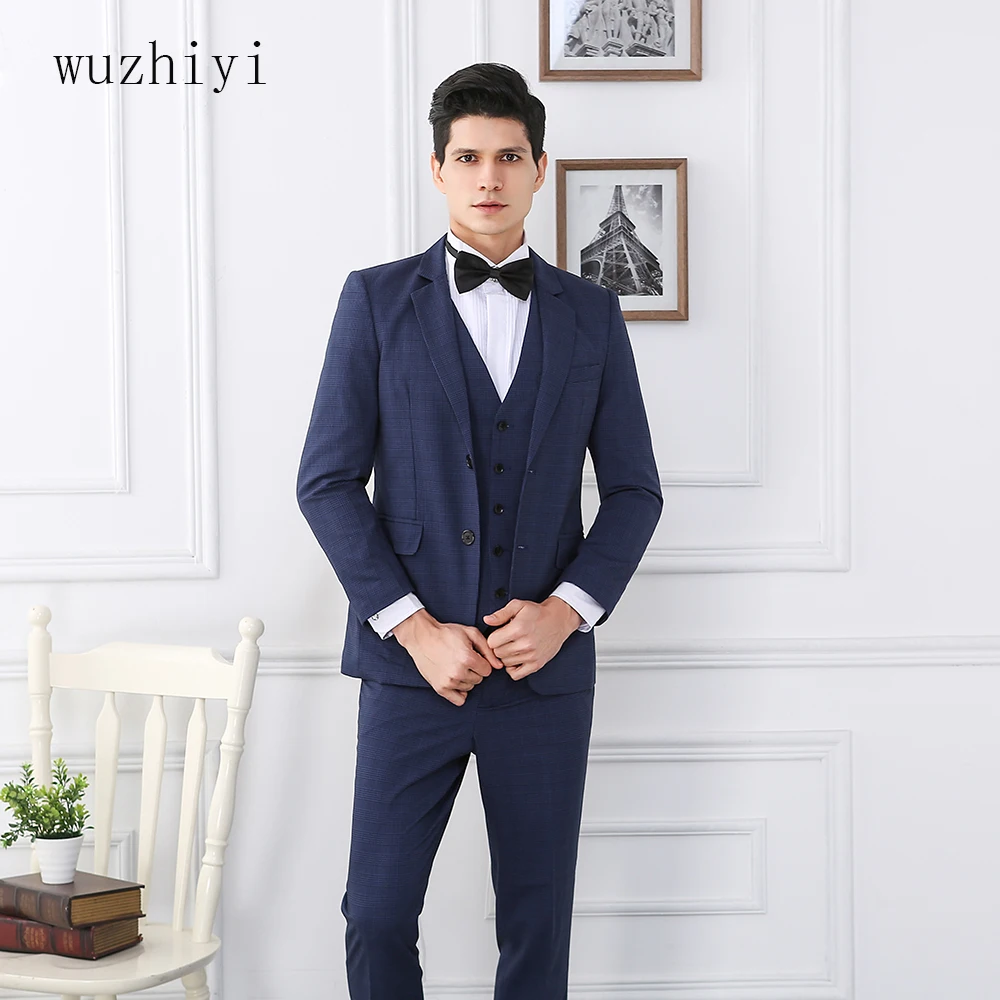 Wuzhiyi Для мужчин s Синий Смокинг Блейзер terno casa Для мужчин к Slim fit Для мужчин костюм 2017, traje hombre смокинг Для мужчин костюмы для свадьбы на заказ