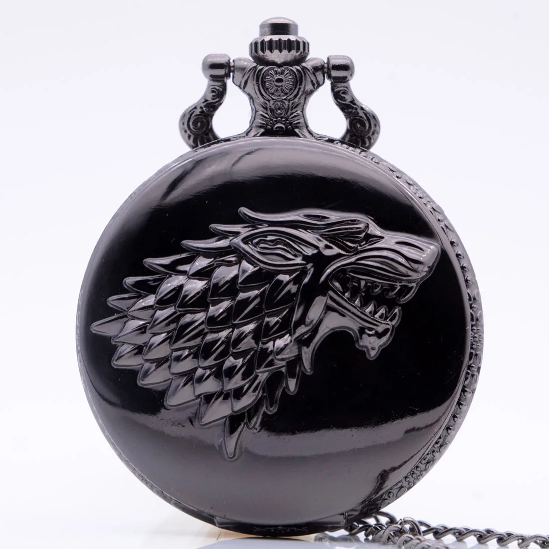 

Black Wolf Winter is coming Winterfell:House Starks Family Emblem Color Quartz Pocket Watch Pendant Necklace Men Women Watches