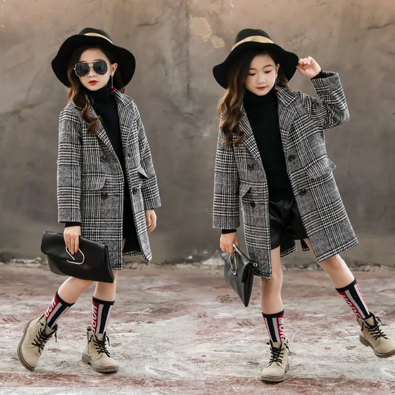 Clearance Girls Trench Coat Plaid Overcoat Girls Winter Coat Wool