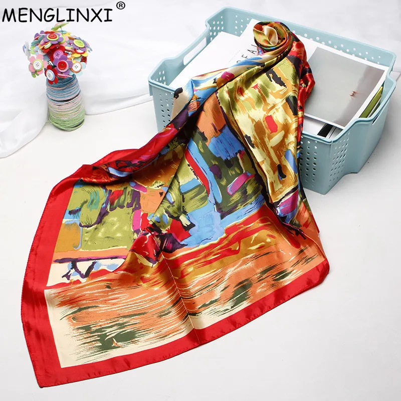 

Oil Painting Scarf For Women 90cm Square Scarf Fashion Female Silk Scarf Shawl Bandana For Head Hijab Brand Scarves For Ladies