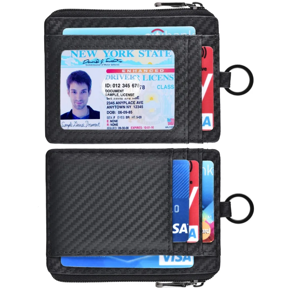 Тонкий кошелек RFID из углеродного волокна передний карман с цепочкой для ключей
