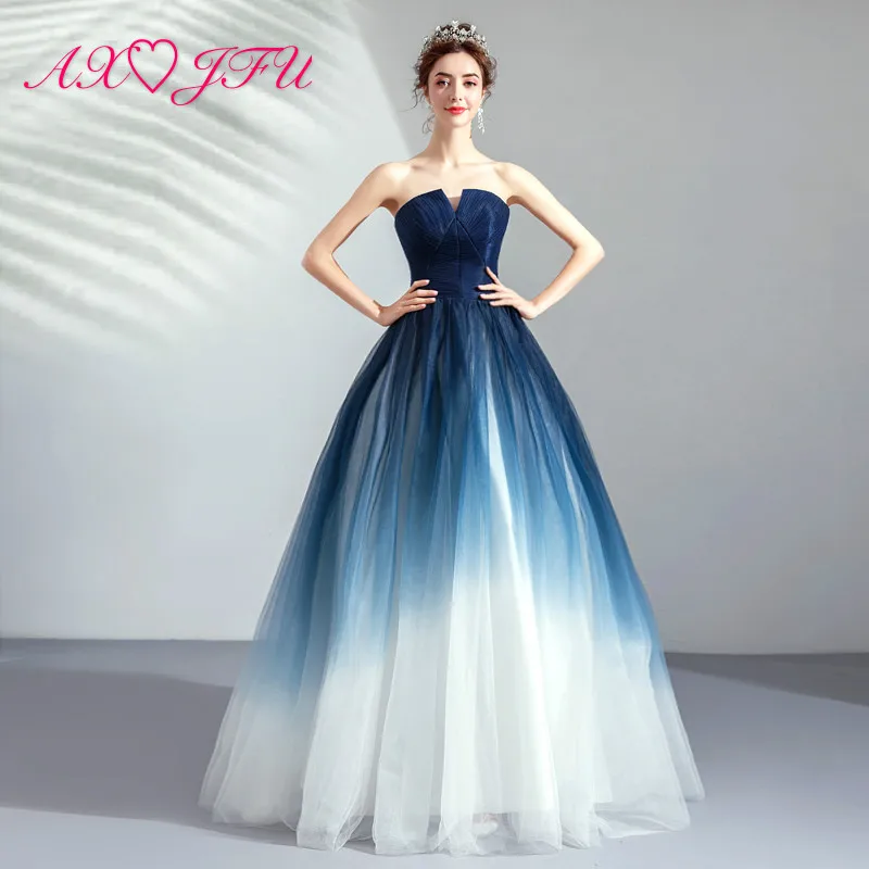 

iAXJFU princess blue lace evening dress vintage Strapless Sleeveless blue and white lace luxury evening dress 9611