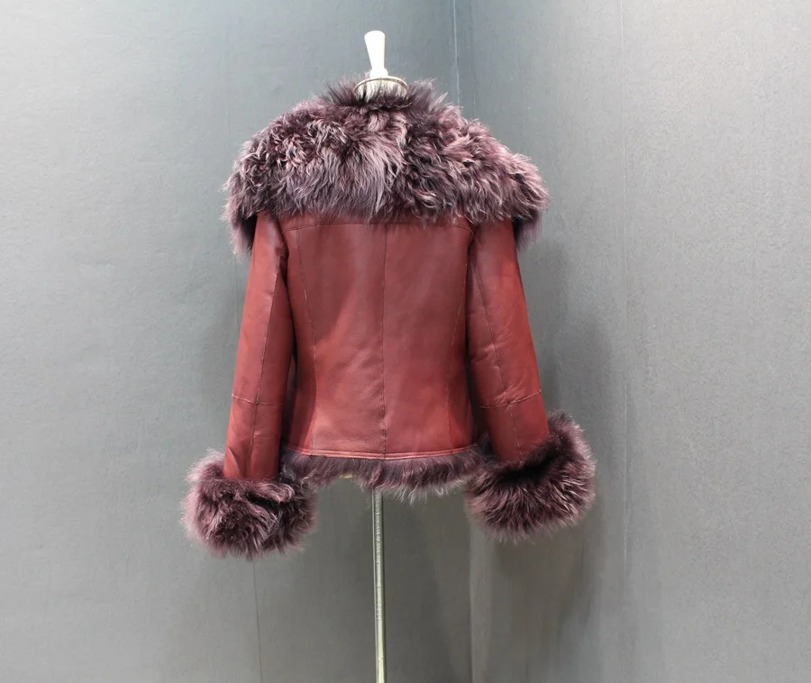ladies genuine sheepskin leather and fur jacket big collar  (10)