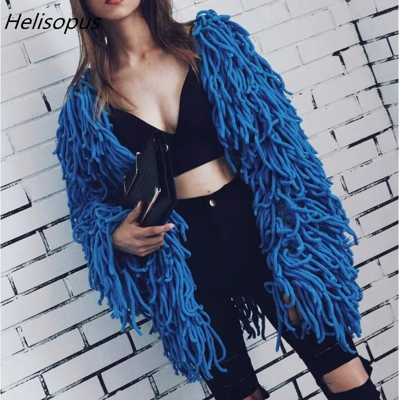 Helisopus Women Knitting Shaggy Jacket Faux Fur Winter