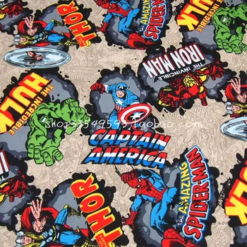 

105X100cm Marvel Super Hero The Avengers Khaki Cotton Fabric for Baby Boy Clothes Sewing Hometextile Patchwork DIY