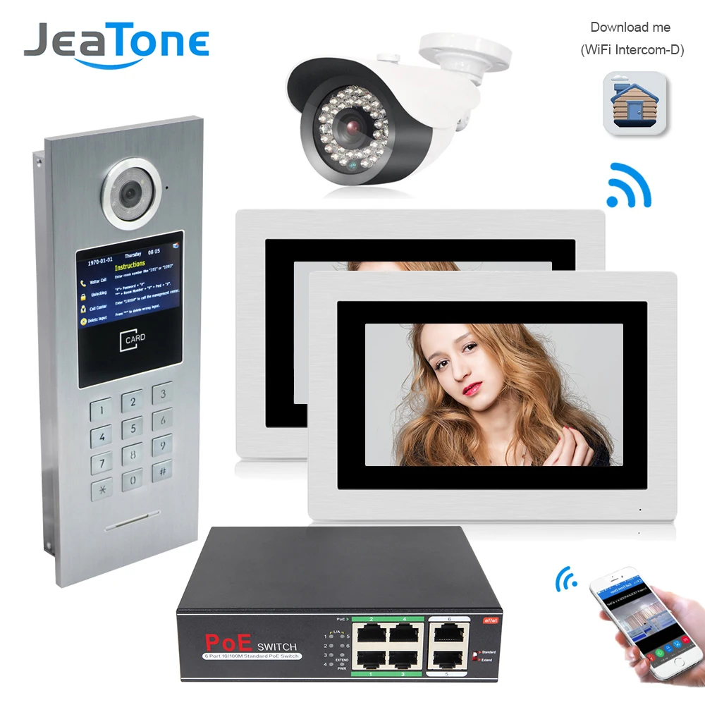 JeaTone 7inch WiFi IP Video Door Phone Intercom Home Access Control System Password/RFID Card + POE Switch+IP Camera Support iOS