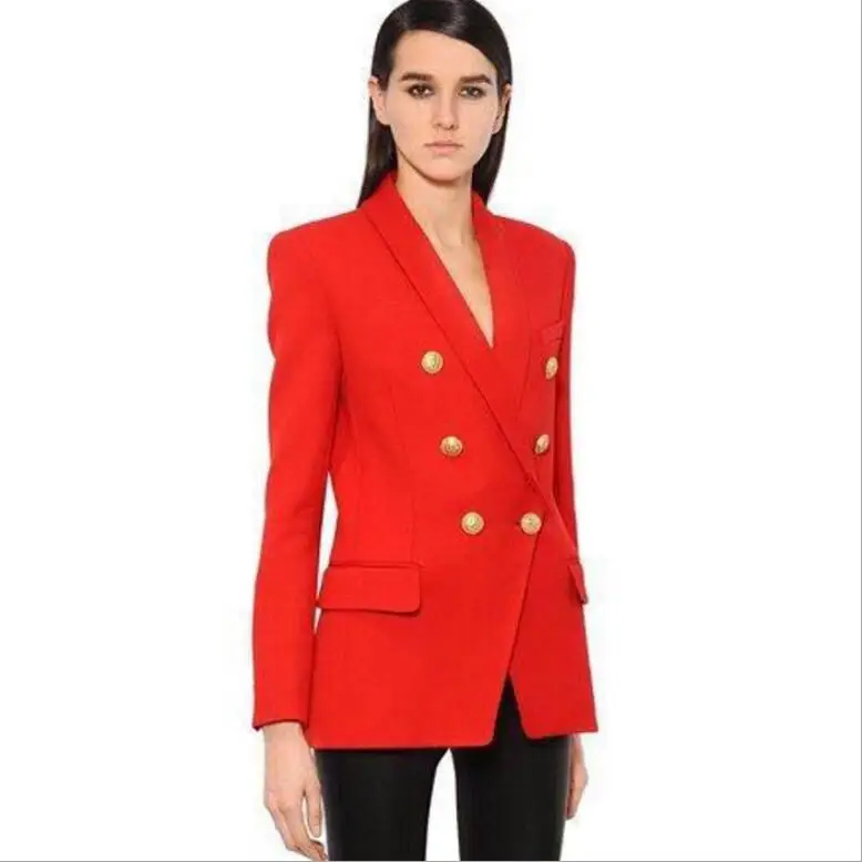 HAGEOFLY Осенний красный черный Блейзер Женский офисный тонкий формальный пиджак пальто повседневный двубортный блейзер с металлическими пуговицами Топы - Цвет: red