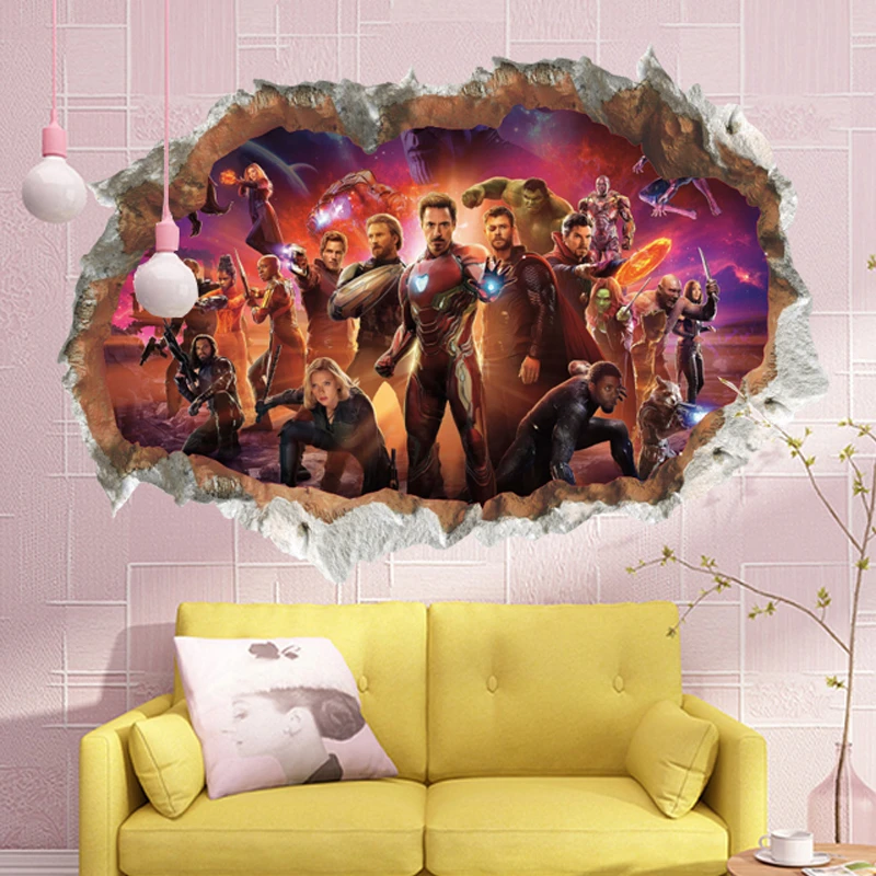 Яростные Мстители через стены стикеры для детской комнаты домашний Декор 3D эффект сломанной стены наклейки плакаты ПВХ подарок для мальчика