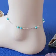 Imitação Grânulos de Turquesa Cadeia Tornozeleira Tornozelo Pulseira Pé Tornozeleiras de Prata