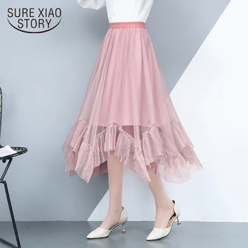 

jupes femme ete faldas mujer moda 2019 saias midi para as mulheres pink mesh high waist skirt jupe femme women skirt 4978 50