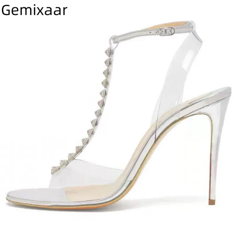 

Clear PVC T-Crystal Sandals Shoes Women Peep Toe T-sharpe Buckle Studded Jewelry Sandalias Thin High Heel Comfy Sandals Women