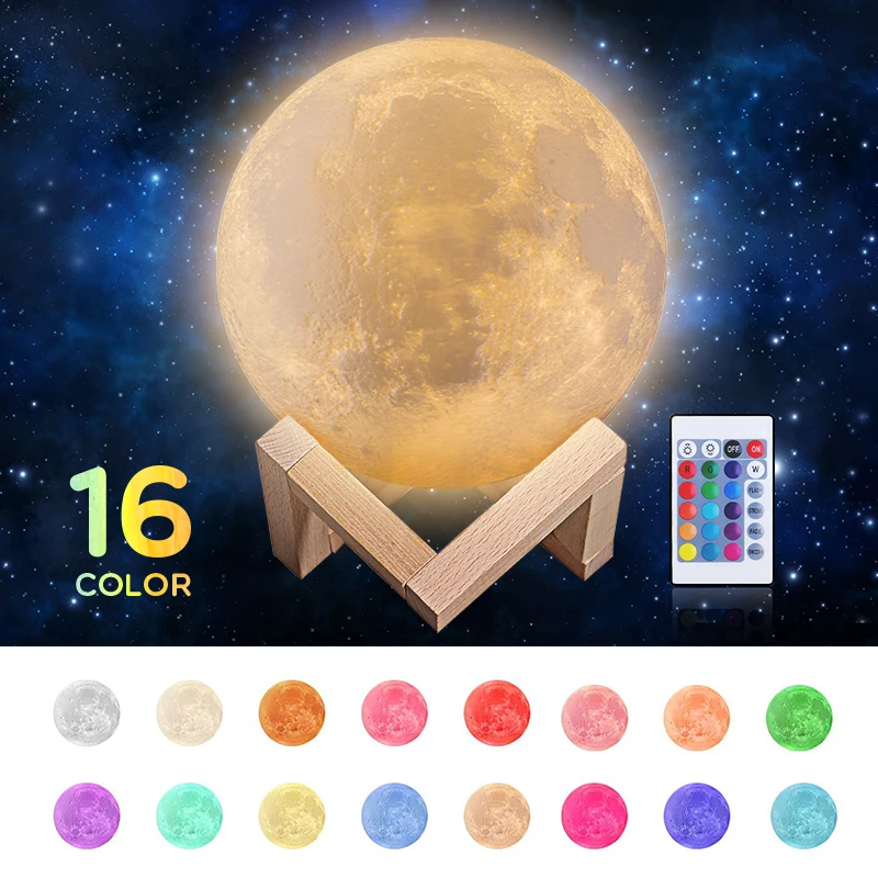 

New Rechargeable 3D Print Moon Lamp 16 Color Change Touch+Slap Switch Bedroom Bookcase Night Light Home Decor Creative Gift