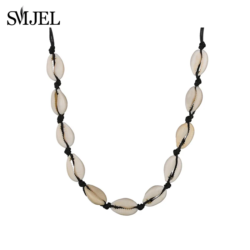 SMJEL, колье ручной работы в этническом стиле, ожерелье-чокер s для женщин, модная черная цепочка с цепочкой из натуральной раковины, ожерелье-воротник