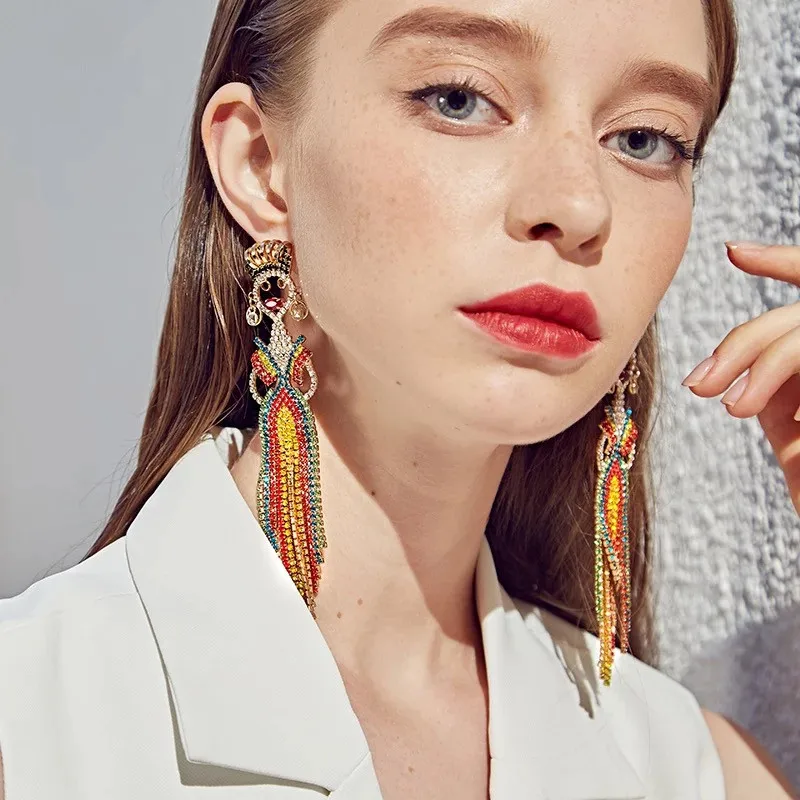 

Vintage Ethnic Multicolor Rhinestone Dance Girls Dangle Earrings Jewelry For Women Bohemian Maxi Statement Earrings Accessories
