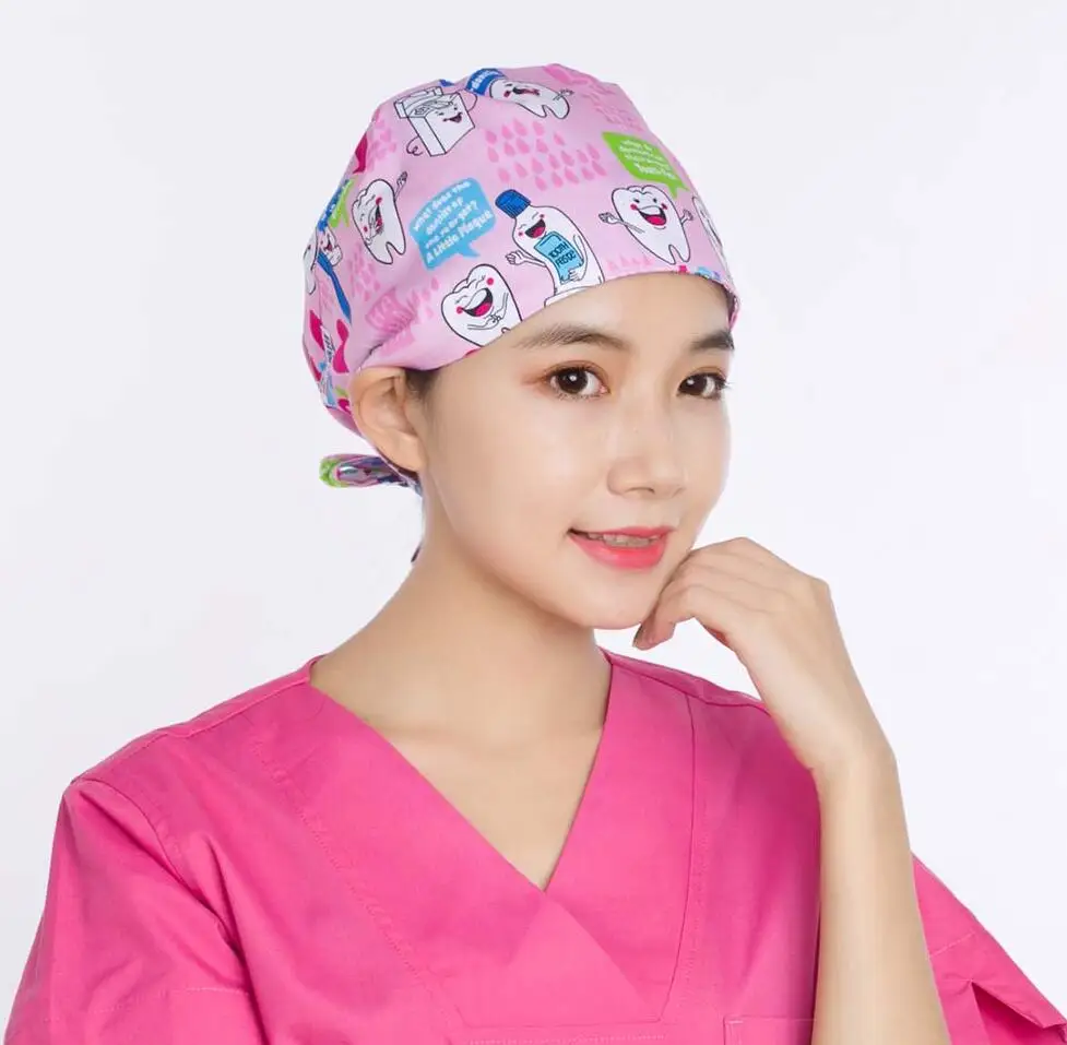 Медицинская хирургическая Кепка, костюм медика, кепка для женщин и мужчин, хирургические головные уборы, хлопок, мягкий пот, Зубная фея - Цвет: Розовый