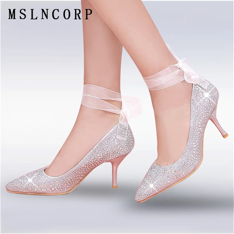 

Size 34-45 New Women Pumps Bling High Heels Glitter Ankle Lace Up Sexy Pointed Toe Shallow Party Gold Silver Dress wedding shoes