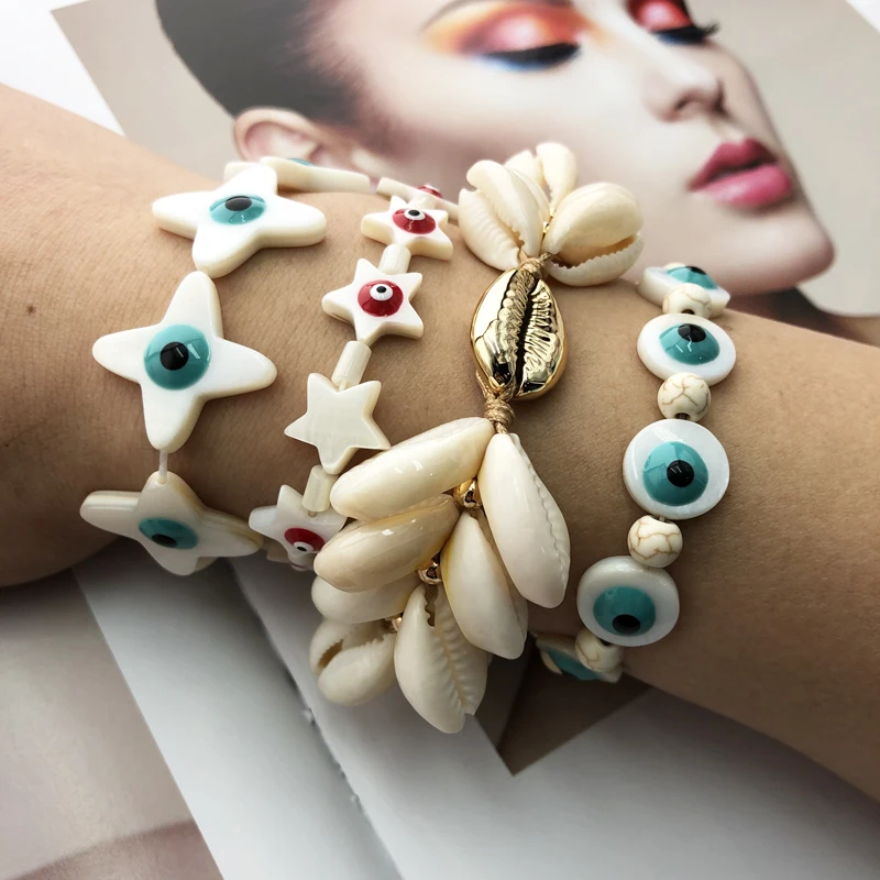 

Original KBJW Jewelry Bracelet Unique Evil Eye Design Shell Slice Multi-Color Enamel Beads Elastic Bracelets for Women 2019