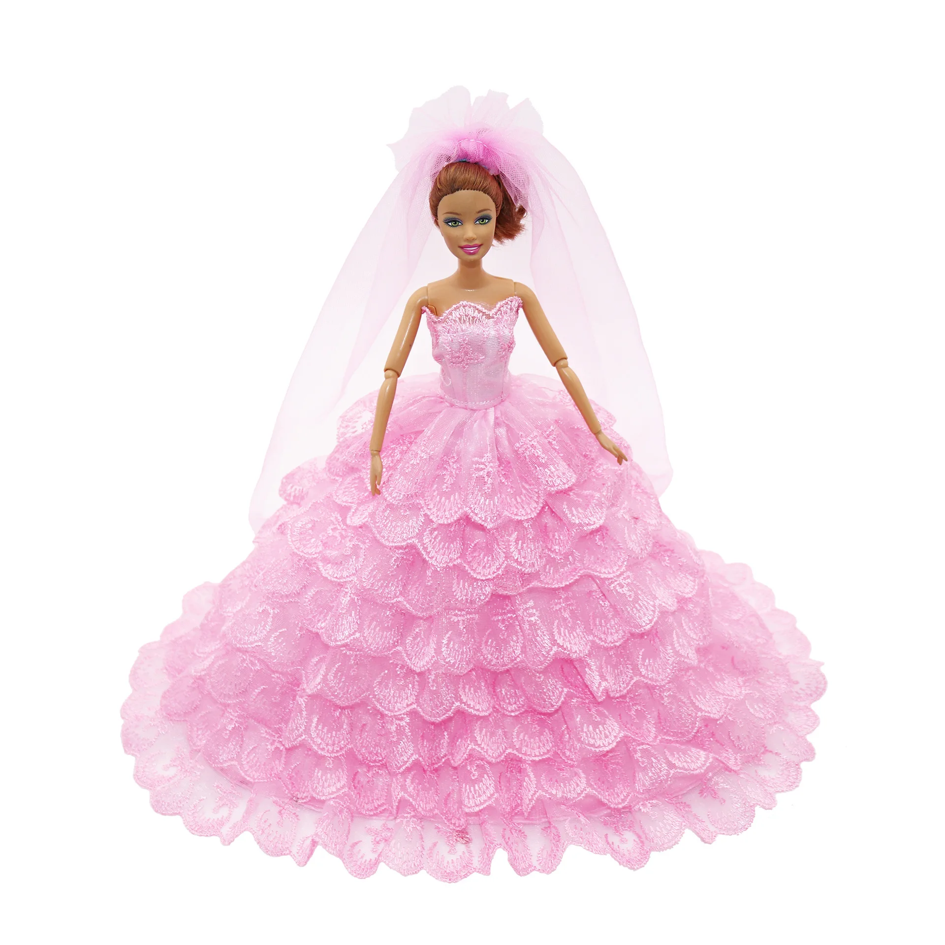 Handmade Wedding Dress for Pretty Doll Princess Evening Party Clothes Wears Long Dress Outfit Set for Barbie Doll with Veil